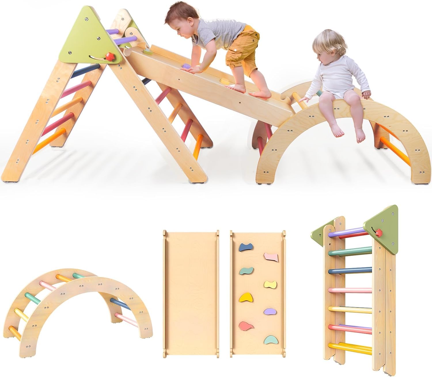 LOL-FUN 3in1 Wooden Climbing Frame for Toddlers, Baby Climbing Toys Pikler Triangle Set with Ramp and Arch, Montessori Indoor Play Jungle Gym for Kids 100x49x11CM Package-Rainbow