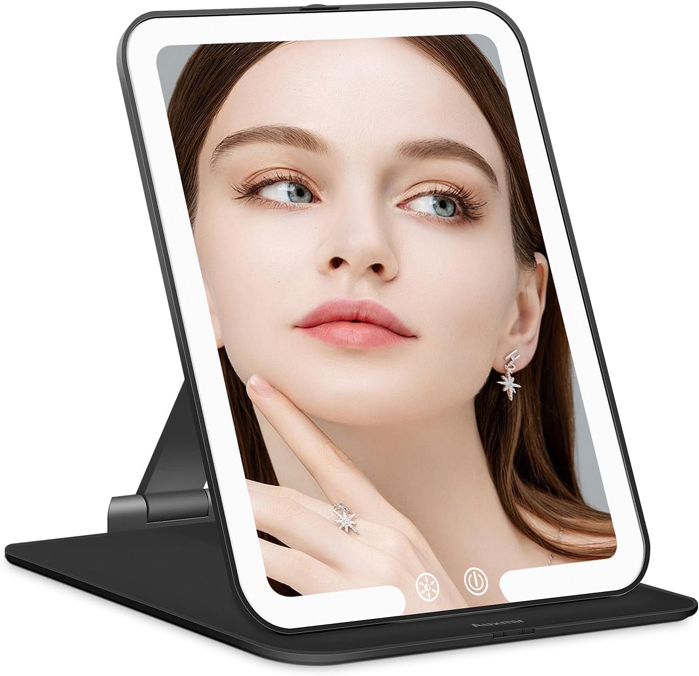 Auxmir Rechargeable Travel Vanity Mirror, Portable Makeup Mirror with 72 LED Lights, 3 Color Lighting, Dimmable Touch Screen, Folding Lighted Table Cosmetic Mirror with Stand for Home, Travel(Black)