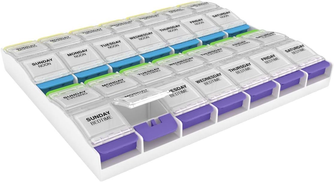 EZY DOSE Push Button 7-Day Pill, Medicine, Vitamin Organiser, Weekly, 4 Times a Day, AM PM, 3XL Compartments, Arthritis Friendly, Assorted Colors