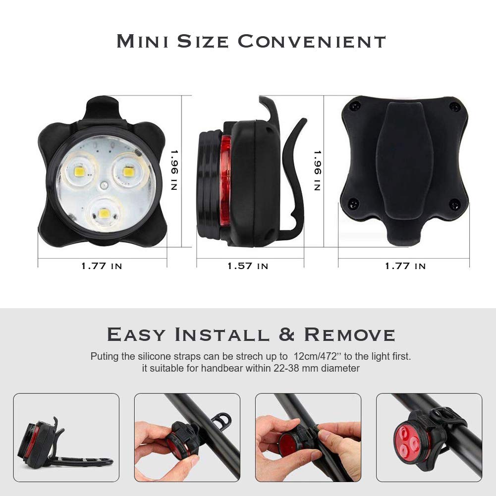 USB Rechargeable Bike Light Set, Super Bright Front Headlight and Rear LED Bicycle Light, 4 Light Mode Options, Water Resistant IPX4(2 USB Cables and 2 Strap Included)