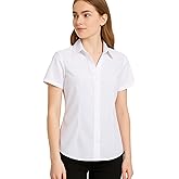 SUNNOW Womens White Y Neck Slim Fit Short Sleeve Blouse Office & Casual Shirt Tailored Top for Women