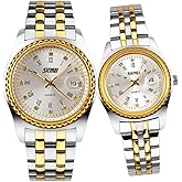 SKMEI Watches for Couples Men and Women His and Hers Pair Watch Set Husband Wife Valentines Matching Wedding Gifts Classic Stainless Luxry Business Waterproof Quartz Analog Wrist Watch