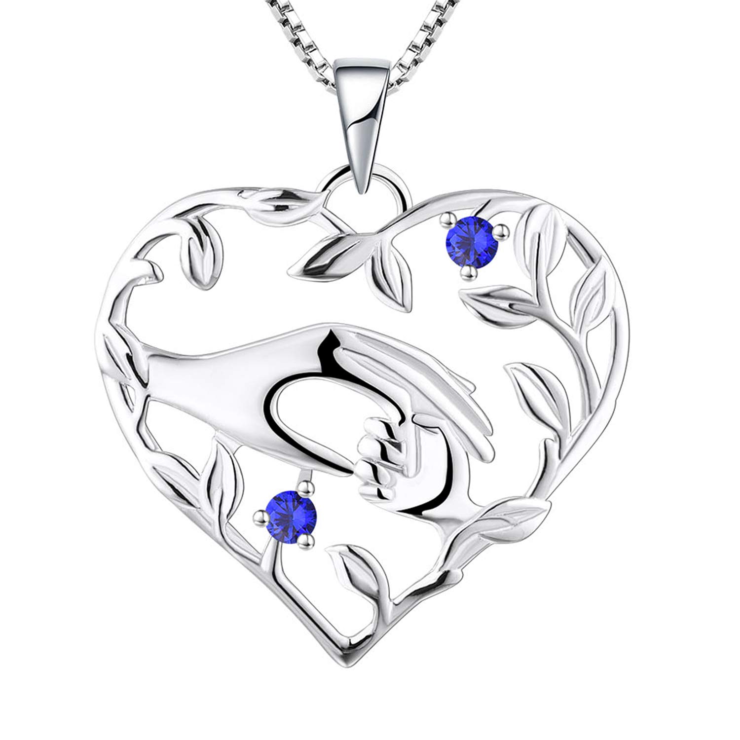 YL Mum Heart Necklace 925 Sterling Silver Mom Hold Child's Hand cut September Birthstone Spinel Blue Pendant Gifts for Mum Women