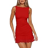 HOCILLE Women's Sexy Bodycon Boat Neck Mini Dresses Sleeveless Ruched Ruffle Hem Club Party Short Dress