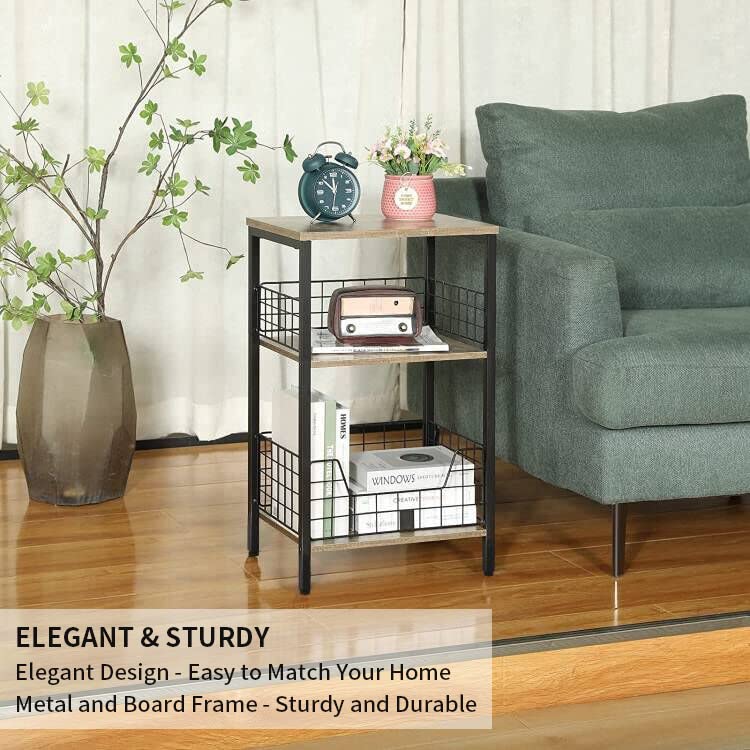 Tall Side Table High 25 Inch, Small End Table with Storage/Wood Board Shelf/Fence, End Side