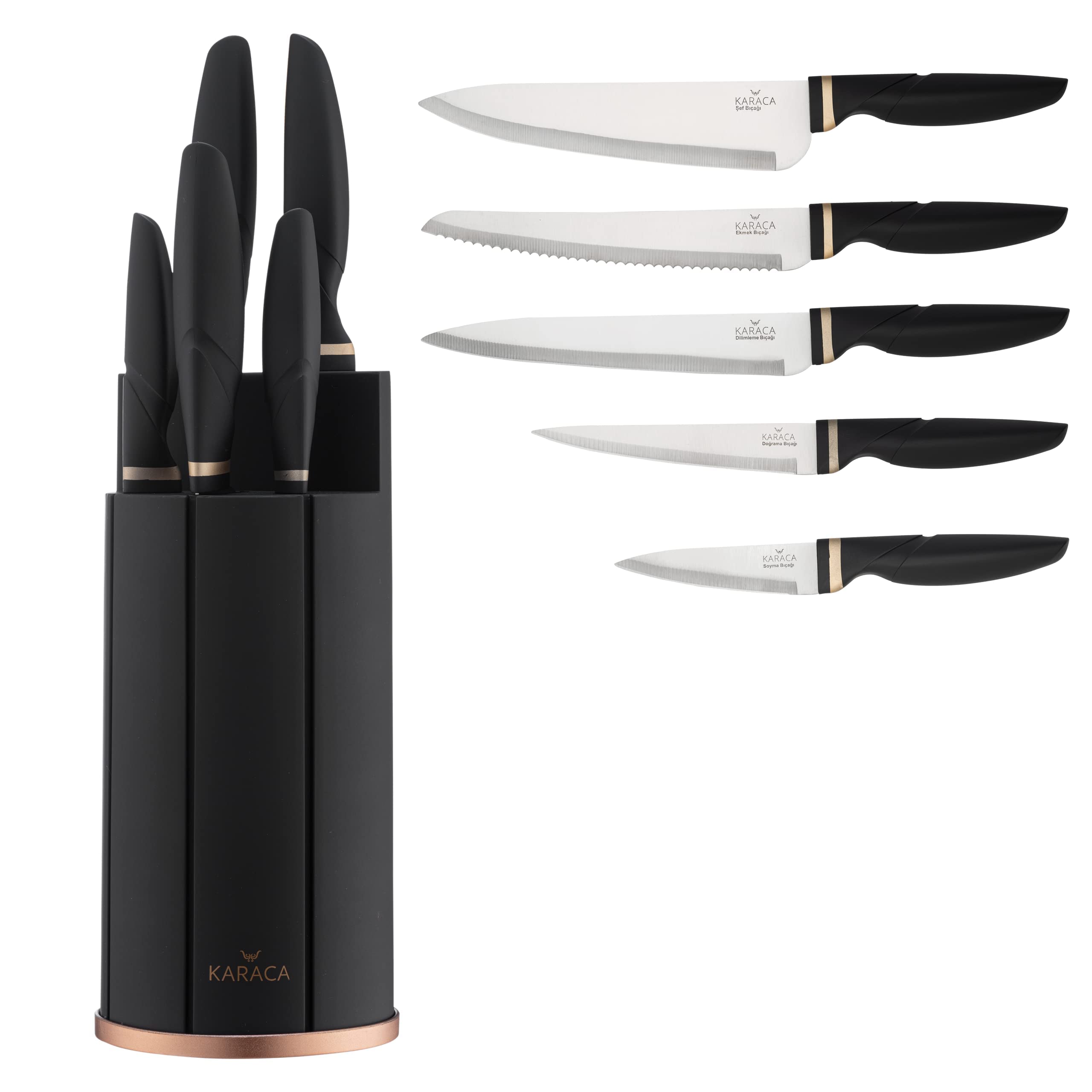 Karaca Proofcut 6-Piece Black Knife Set with Block, Stainless Steel Kitchen Knives Sets with Ergonomic Handles, Includes Chef's, Carving, Bread, Utility, Paring Knives & Rubber Stand