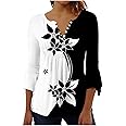 SMIDOW Tunic Tops for Women Loose Fit Spring Henley v Neck Shirt 3/4 Bell Sleeve Bohemian Floral Print t-Shirt Blouse Trendy