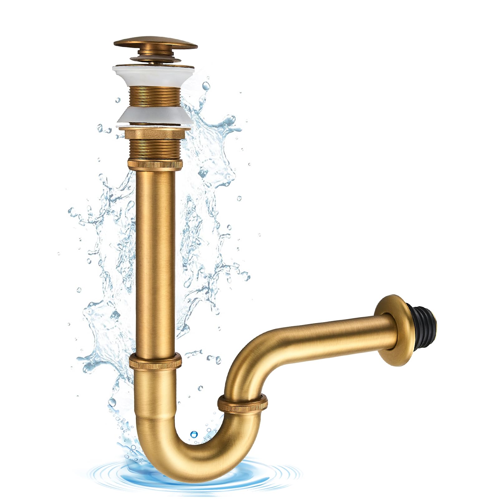 KINKIBOS Stainless Steel P-Trap & Brass Pop-up Waste Unslotted, 1 1/4" x 32 mm Universal for Bathroom Sink & Washbasin Without Overflow,Height Adjustable Odour Trap, Antique Brass Brushed Finish