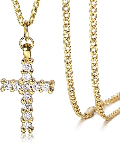 Amazon 女性のための2mmクロスペンダントネックレスゴールドカラークリアキュービックジルコンクロロロープリンクチェーンジュエリー ネックレス 通販