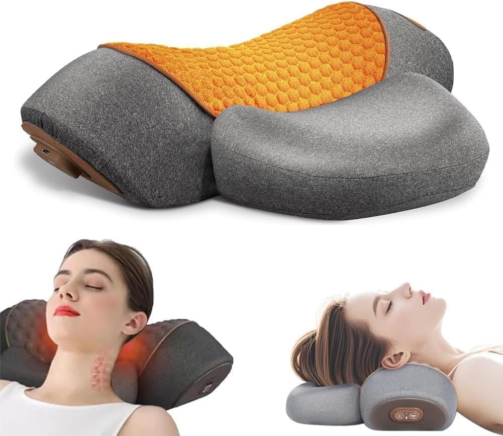 Fisiorest 3-in-1 Neck Massager Pillow, Neck Massager- Ergonomic Hump Neck Pillows with Traction, Heat & Vibration, Memory Foam Traction Cervical Pillows for Sleeping Deep Relaxation (Brown)