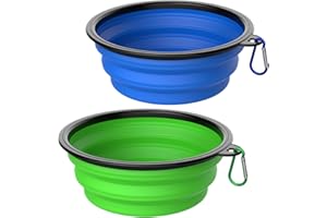 Takfox Collapsible Dog Bowls [2 Pack] 20 oz, Travel Dog Bowls, Pet Bowl Portable Foldable Water Food Feeding Dishes with Carabiner Clip for Traveling Hiking Walking-Green & Blue