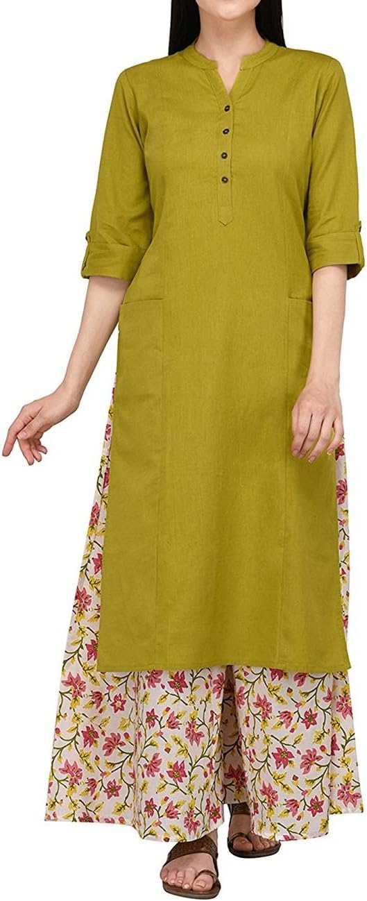 ladylineWomen's Pure Cotton Plain Tunic Top with 3/4 Sleeves, Roll-up Button Neck, Pocket, Long Kurti Kurta