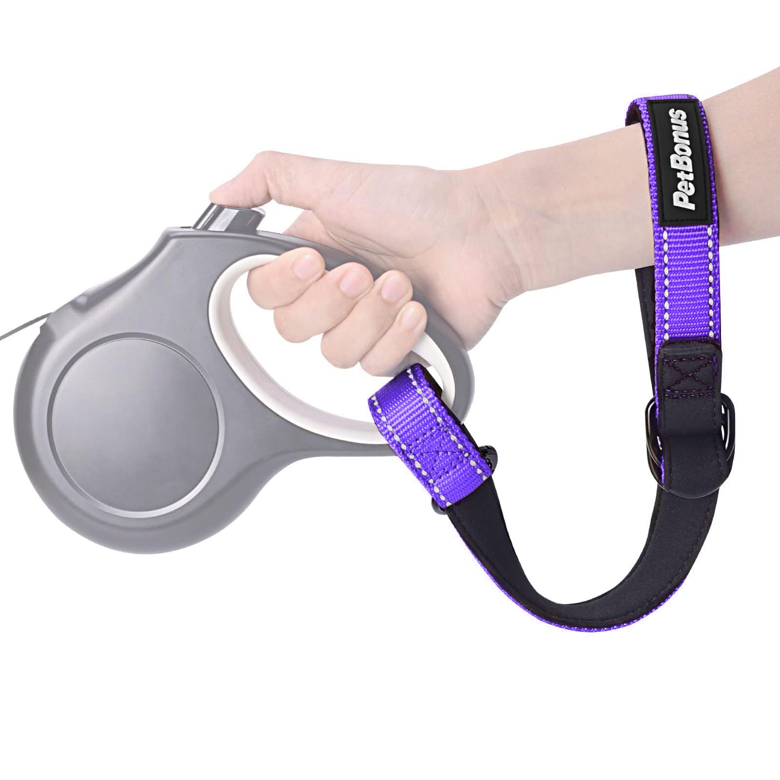 PetBonus Short Dog Lead, Safety Wrist Strap for Retractable Dog Lead, Reflective Design and Adjustable Soft Padded Handle, Extra Layer Security for Pet Stroller (Purple)