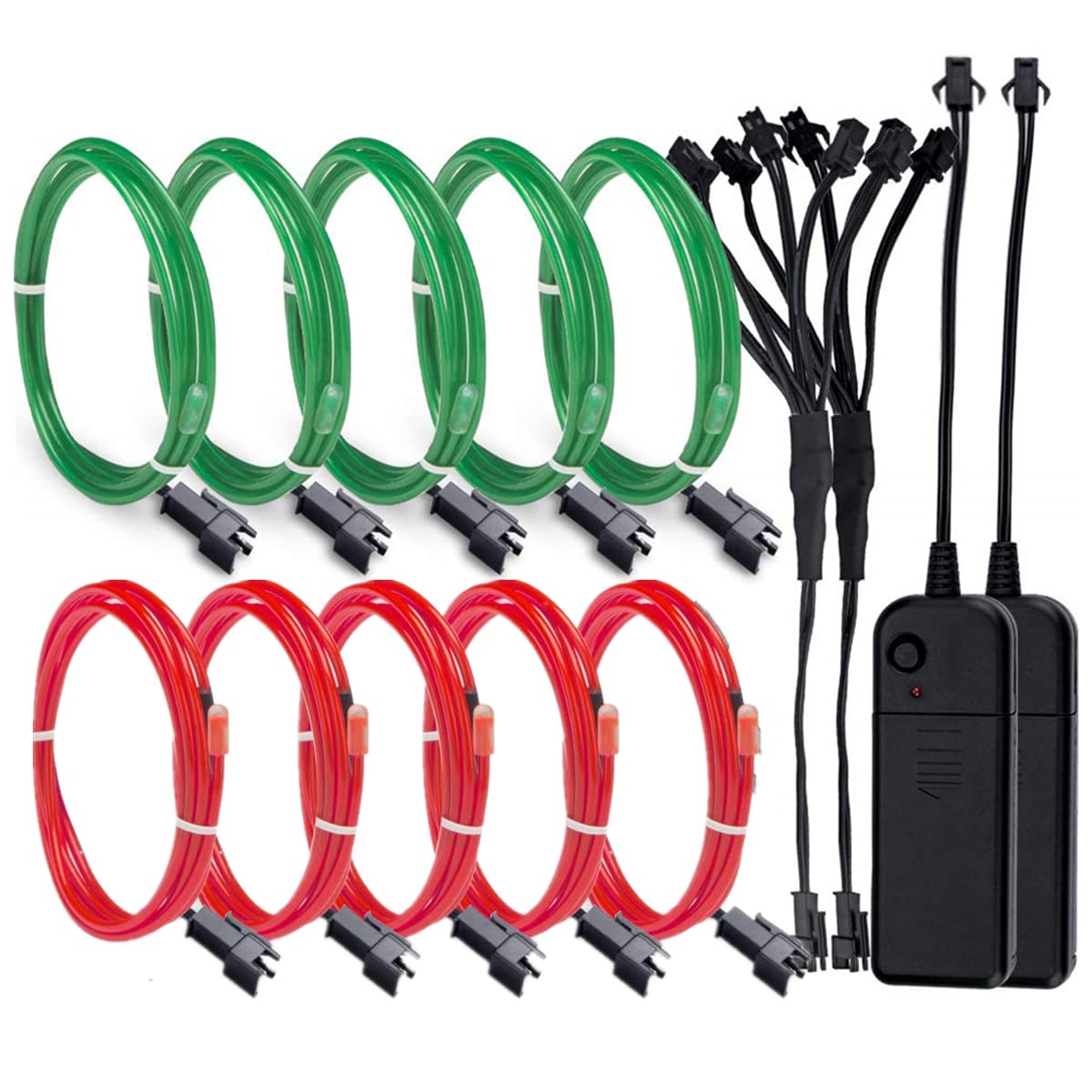 EL Wire,2 Pack LED Costume 5 * 3.28ft Electroluminescent Wire Neon Lights Glowing Strobing Dance Party DIY Decoration Light with Controller(Green+Red)