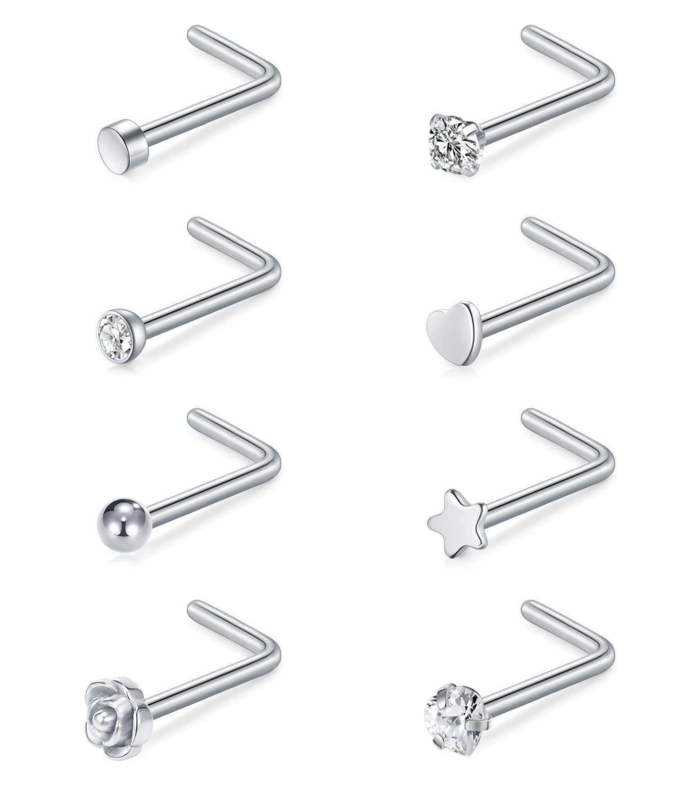 incaton 0.8mm Nose Stud Ring 20G Surgical Steel Nose Piercings L Shaped Nose Jewellery Set, 8 Styles