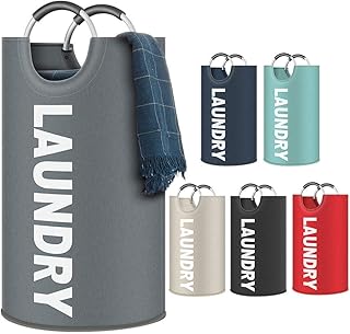 UOON Große Faltbare Wäschekörbe 82L, CollapsFabric WäscheWäsche Hamper, Faltbare Stoff Wäschesammler, zusammenklappbar Kleidung Tasche, Waschen Abfalleimer,Wäschesack Reise Wäschetonne (Dunkelgrau)