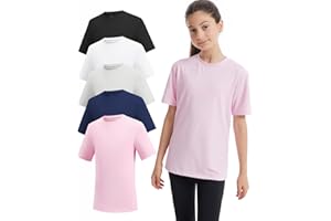 Celfaeree 5 Packs Girls Athletic Shirts Short Sleeve Active T-Shirts Dry Fit, Sports Workout Shirts for Kids Teens