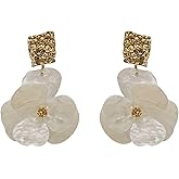 Acrylic White Flower Drop Earrings, Gold Textured Posts, Statement Dangle Earrings