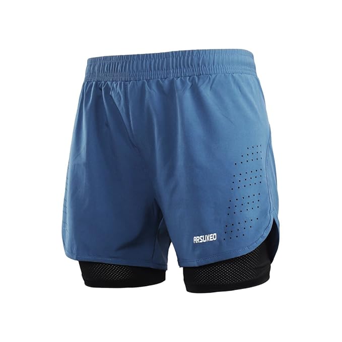Buy ARSUXEO Men's Active Training Running Shorts 2 in 1 Blue Size X