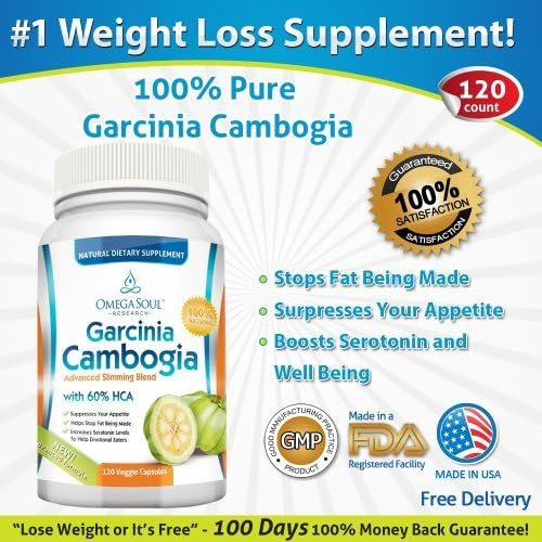 Omega Soul TM Garcinia Cambogia Pure Advanced Slimming Formula - 60% HCA Extract 1600 mg/Day Per Serving - Premium Quality - 100 % Natural Effective Weight Loss Supplement - 60 Day Supply - 120 Capsules Per Bottle