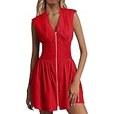 Fisoew Women's Sleeveless Tank Mini Dress Casual Zip Front V Neck Loose Summer Smocked Dresses with Pockets
