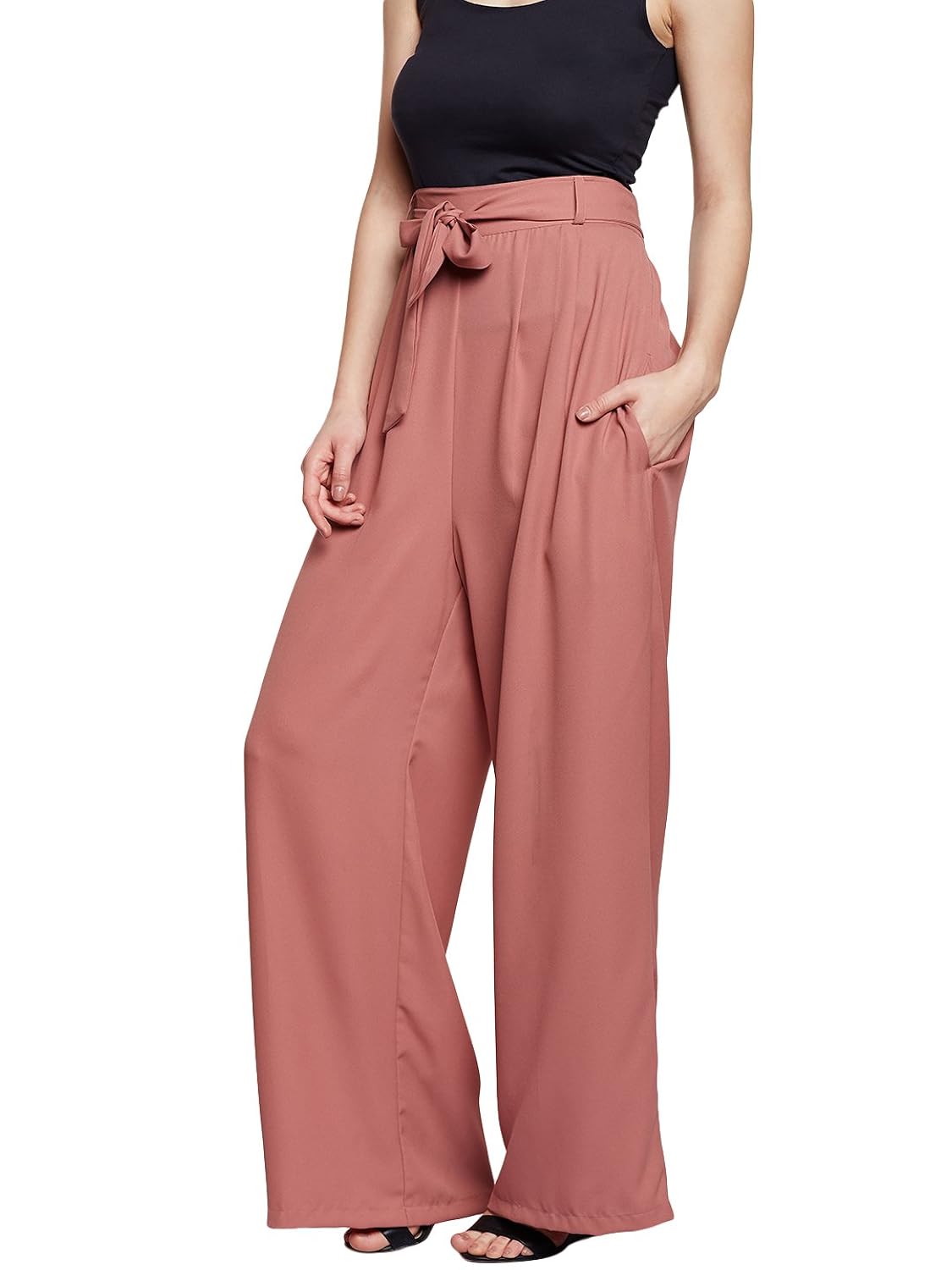 tan colour solid high waist wide leg trouser