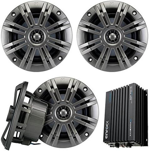 Marine Speaker With Amp Combo Of 4x Kicker 41KM652C 6.5" 2-way 195 Watt, 2 Ohm Marine Speakers + Enrock EKMB500ABT 400W 4-Chan Bluetooth Car/Marine Amplifier