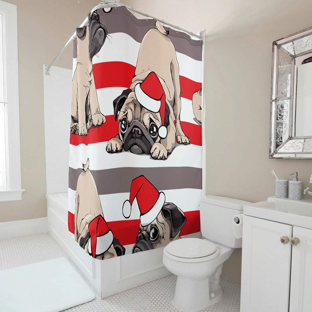Funny Shower Curtain Stripes Funny Pug Christmas Dog Print