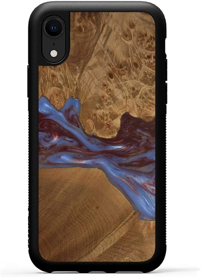 Carved - Wood+Resin Case for iPhone XR - One-of-A-Kind, Protective Traveler Bumper Cover (ID: 099691, Blue & Red)