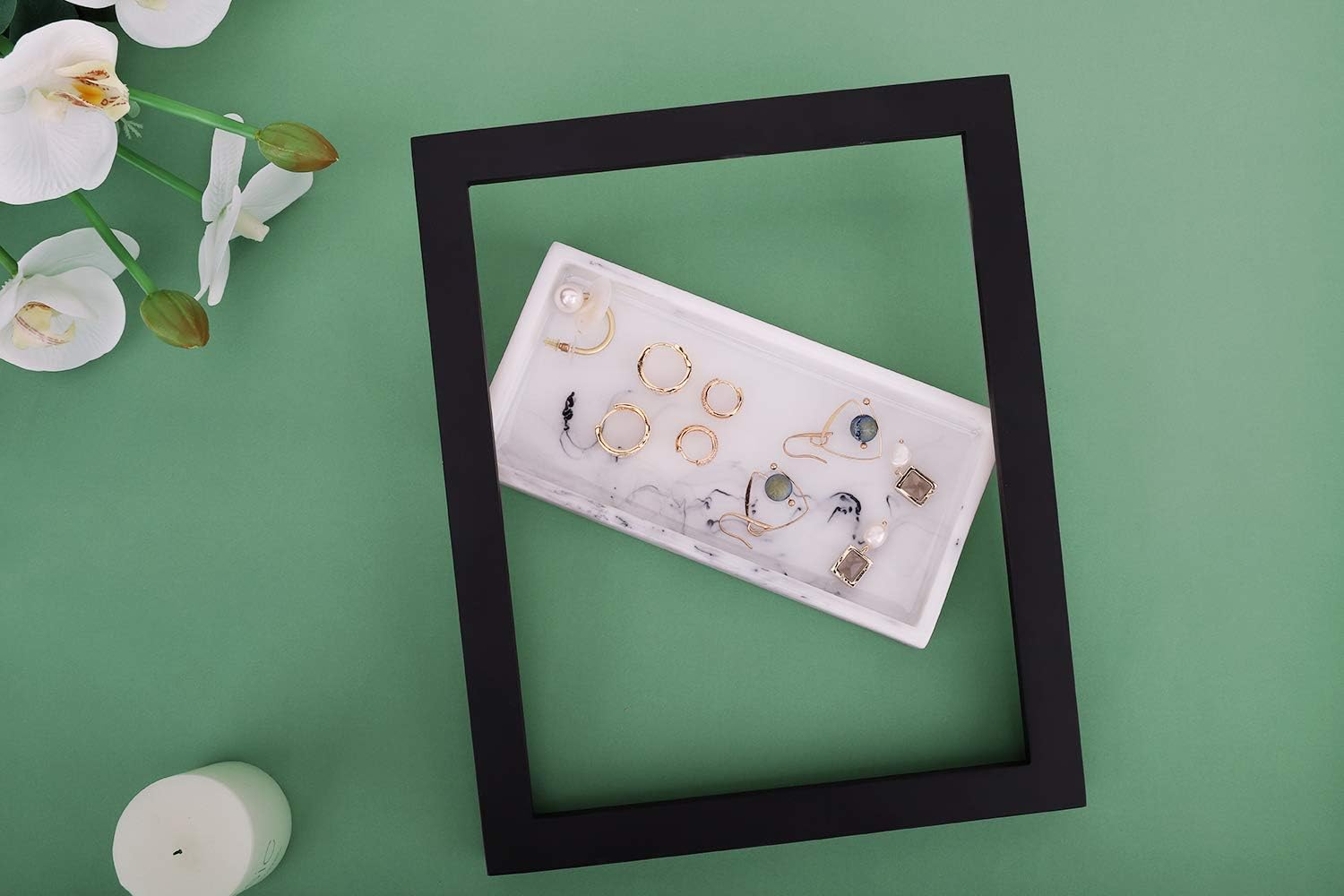 Emibele Jewelry Organizer Resin Tray, Bathroom Kitchen Dresser Vanity Tray Jewelry Dish Ring Cosmetic Organizer for Candle Perfume Soap Shampoo Small Plant Home Decor, Mini Size - Marble White: Home & Kitchen