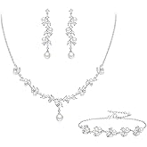 EleQueen Women's Simulated Pearl Wedding Jewelry Set, Cubic Zirconia Marquise Floral Bridal Necklace Earrings Bracelet Sets