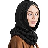 Hooded Scarf Hat Knit Balaclava Women Beanie Skull Cap with Drawstring Warm Winter Hats for Women Men Outdoor Sports