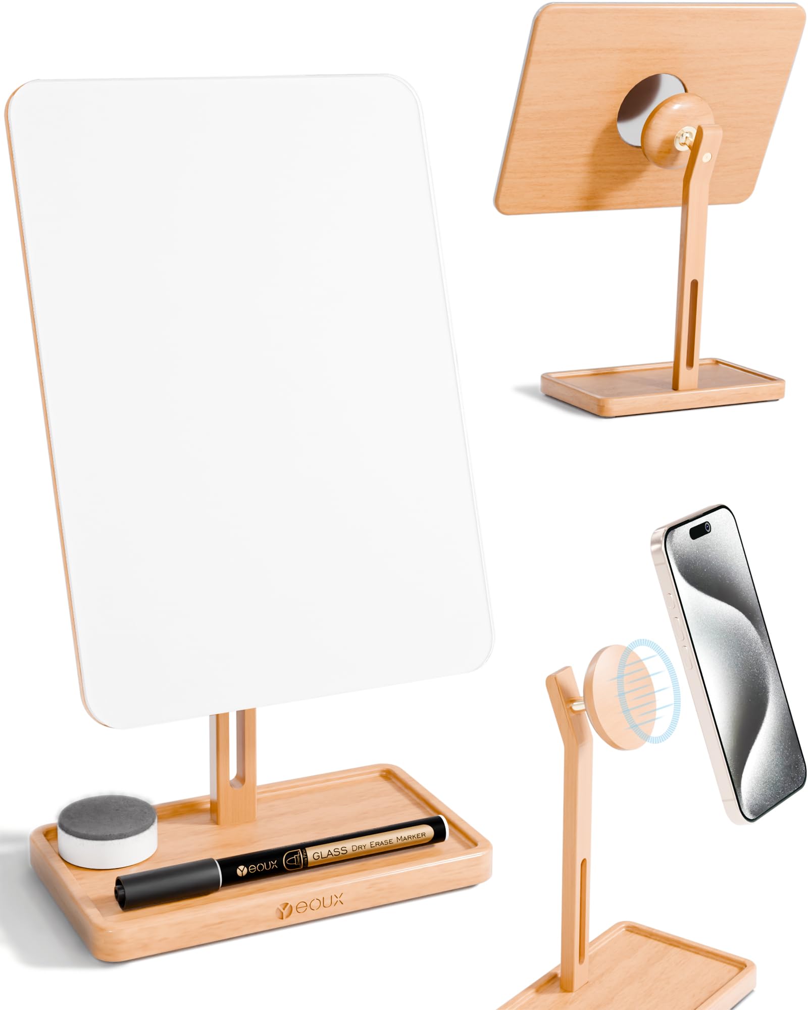 Photo 1 of YEOUX Premium Desktop Glass Whiteboard & Magnetic Phone Stand 2-in-1 | 360° Adjustable | Solid Wood | Compatible with MagSafe, Small Dry Erase Board for Office Home Desk