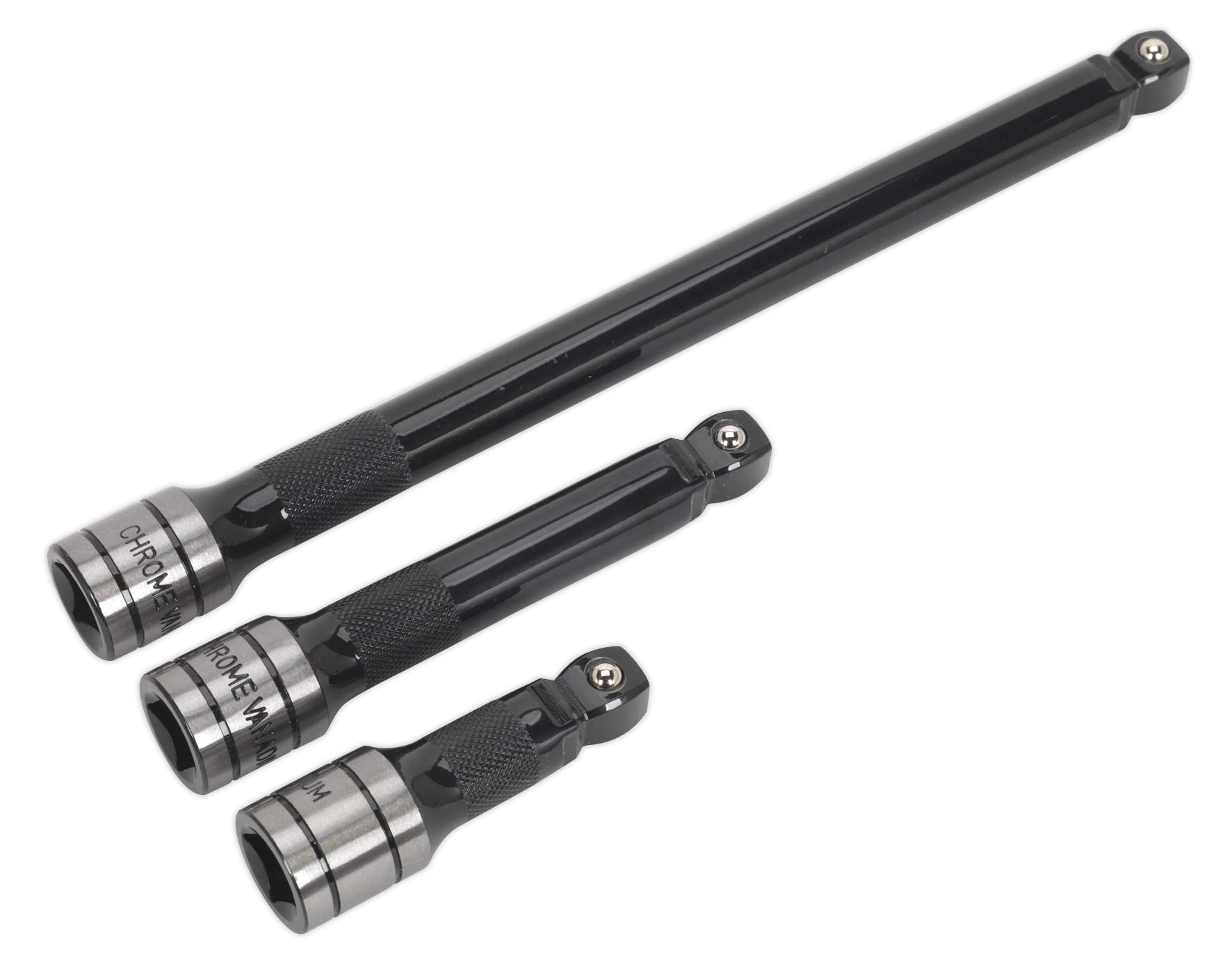 Sealey AK7692 3 Piece 1/2-inch Sq Drive Wobble/Rigid Extension Bar Set Black Series, Silver