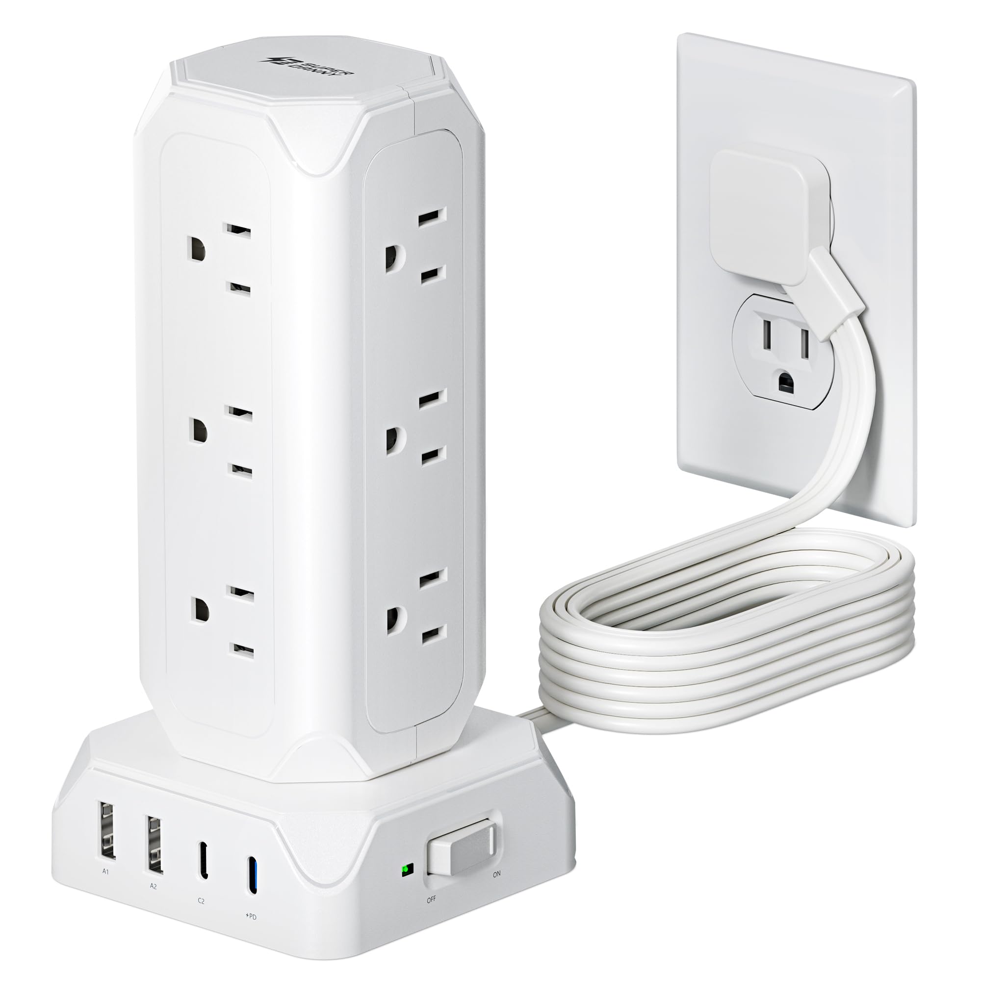 Flat Plug Power Strip Tower, SUPERDANNY 12 Outlets with 35W USB(2 USB-A & 2 USB-C) Charging Station, 1625W/13A, 1700J Surge Protector, 10FT Extension Cord with Multiple Outlets for Home, Office, Dorm