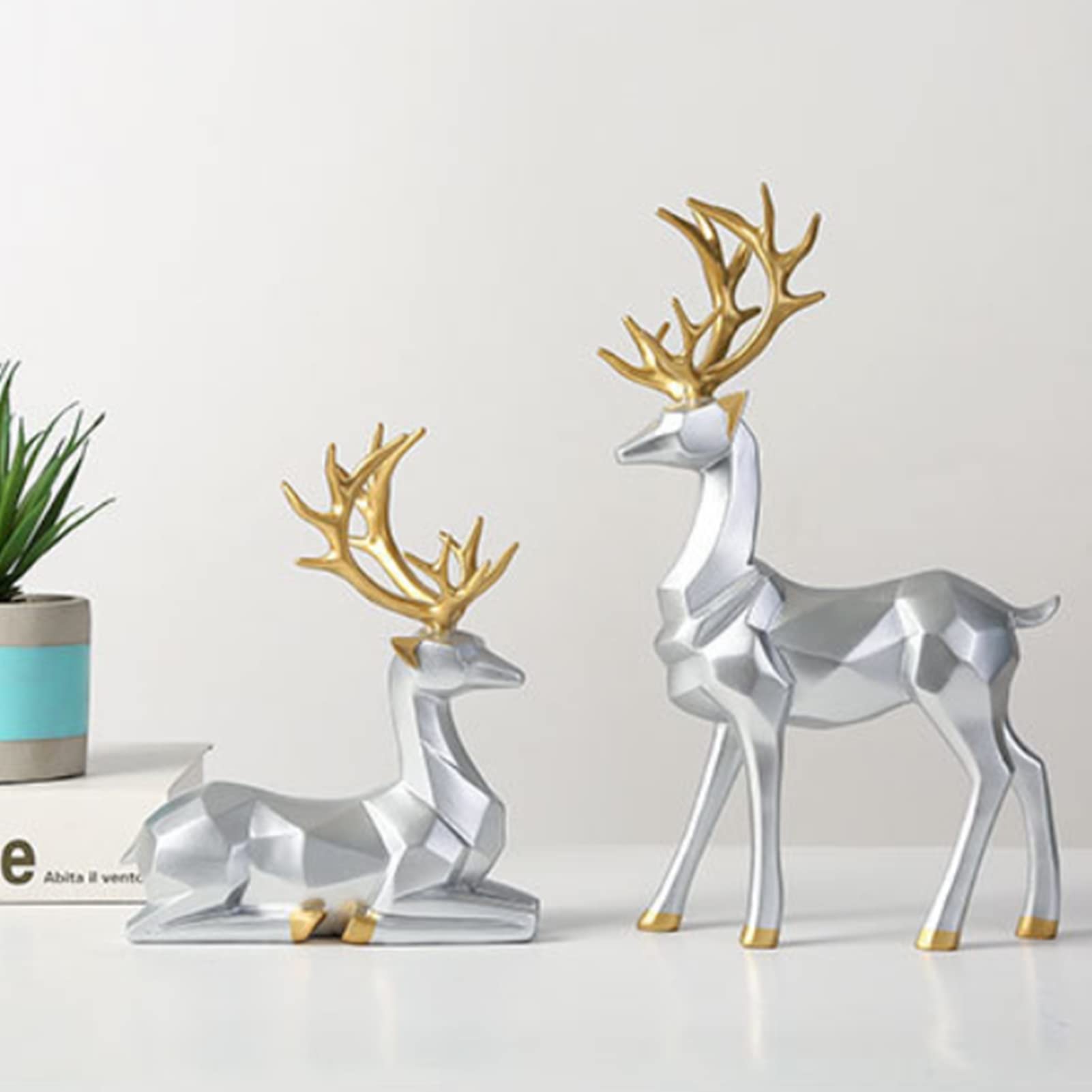 rackbone 2 Pieces Christmas Reindeer Figurines Decor Nordic European Style Deer Statue Fireplace Window Desk Bedroom Shelf Ornament for Home Living Room Office Decoration (Silver,Medium)