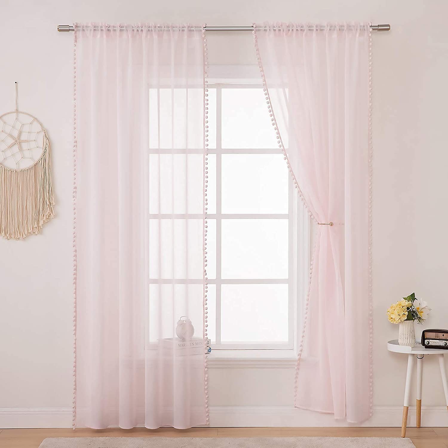 MIULEE Sheer Pink Voile Curtains with Pom Poms - Bedroom, Living Room, Kids, Girls, 2 Panels Net, W55 x D88 Inch