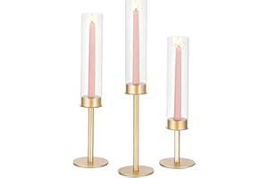 Glasseam Gold Hurricane Candle Holders: Set of 3 Brass Candlestick Holders Tall Taper Candle Holders for Candlesticks Candle Sticks Holder Decor for Table Centerpiece Wedding Christmas Decorations
