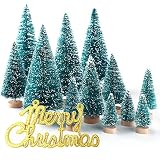 KUUQA 34Pcs Mini Sisal Snow Frost Christmas Trees Bottle Brush Trees Plastic Winter Snow Ornaments Tabletop Trees with Merry Christmas Letters for Xmas Party Home Party Diorama Models