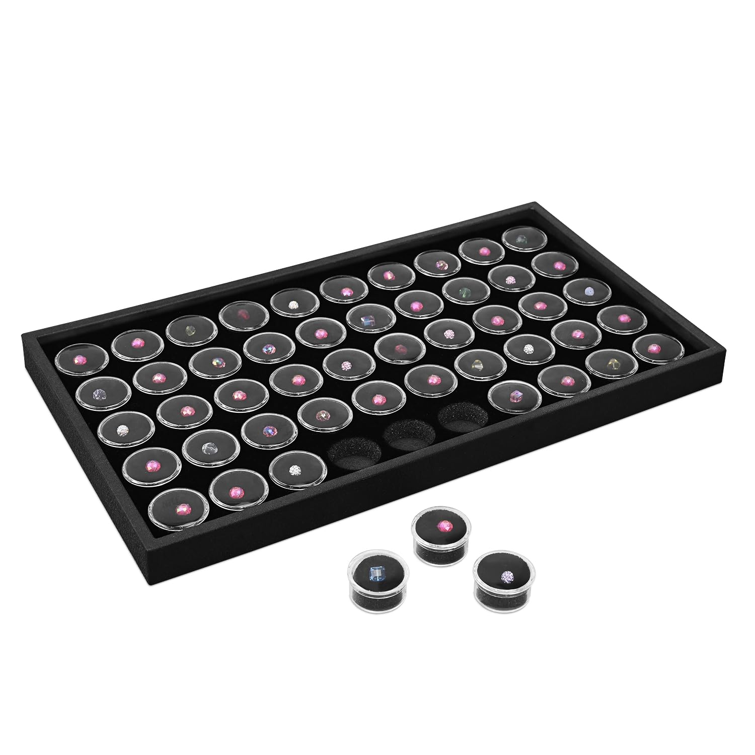 Ikee Design Black Foam Gem Jars Showcase Stackable Display Tray for Collectibles, Home Organization Storage Box with 50 Gemstones and Bead Storage Jars
