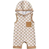 Karesoull Newborn Boy Checkered Outfit Baby Sleeveless Hooded Romper Jumpsuit Cute Summer Clothes