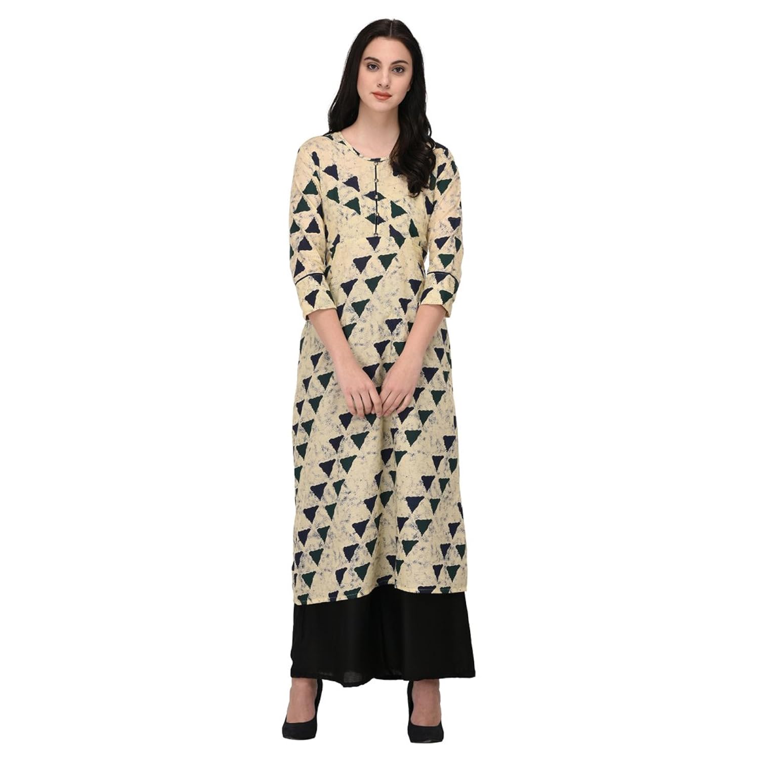 inaayo women's cotton 3/4 sleeve geometric print straight kurti