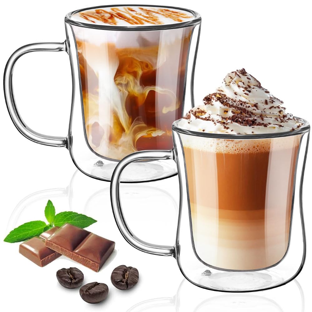 TKNO 2 Pack 350ml Double Walled Coffee Glasses Mugs Cappuccino Latte Macchiato Glasses Cups with Handle, Borosilicate Heat Resistant Glass Cups for Coffee Tea Milk Juice Ice Cream, Hot & Cold Drinks, — image 1