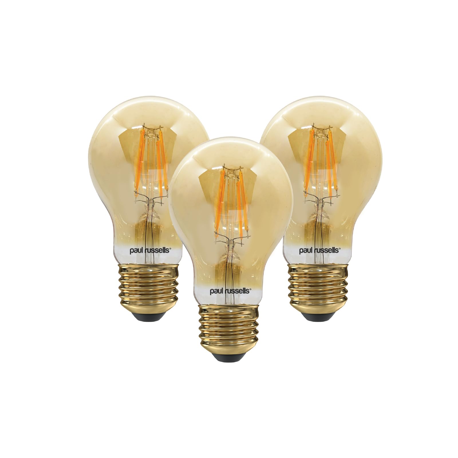 paul russells E27 Edison Screw LED Filament – 7Watt 50W Equivalent 680LM Lumens 2200K ES Standard GLS A60 – Amber Bright Energy Saving Light Non-Dimmable – Extra Warm White Bulbs - Pack of 3
