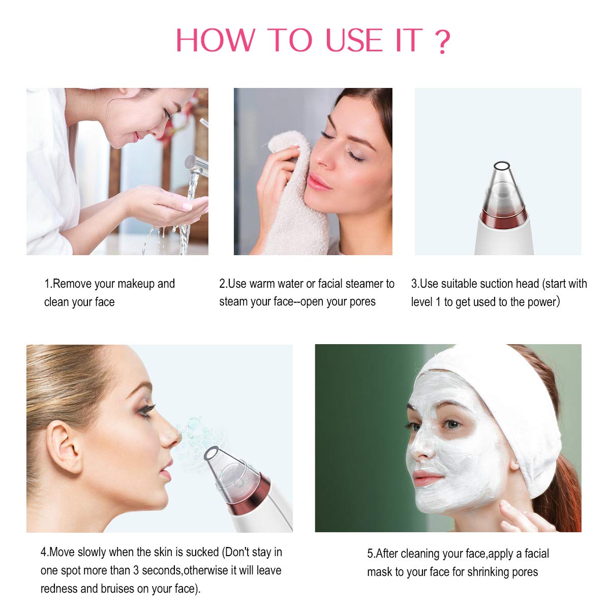 Blackhead Remover Vacuum with 5 Suction Heads,Pore Vacuum USB Rechargeable,Acne Comedone Extractor Kit,3 Adjustable Suction Force,LED Display,Facial Pore Deep Cleaner for Men and Women