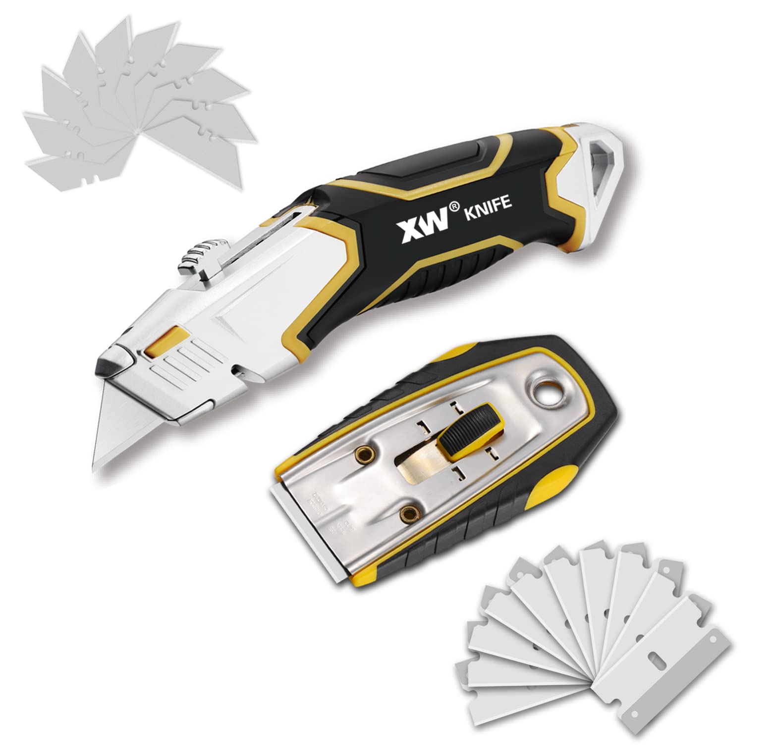 Photo 1 of XW Retractable Utility Knife and Razor Blade Scraper, Heavy Duty Box Cutter Putty Knife Set, Extra 20 Blades Included, 2-Pack