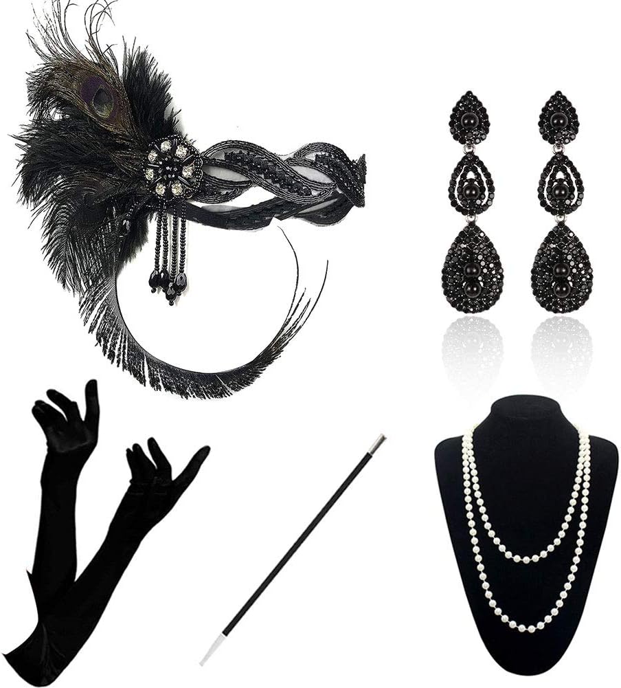 1920 Accessories Set - 1920s Flapper Costume Fancy Dress Gastby Accessories Vintage Feather Headband With Long Gloves For Women