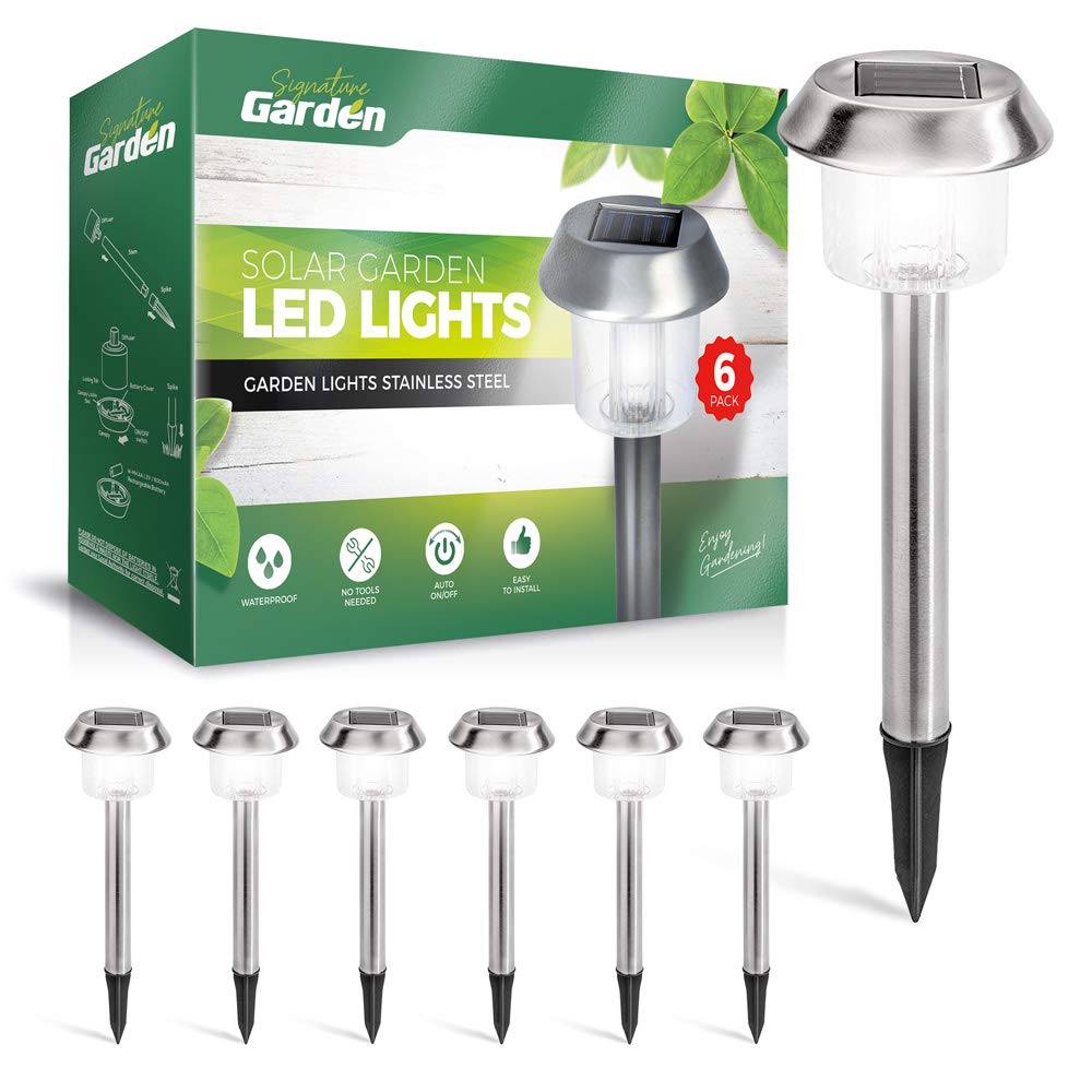 Signature Garden Premium Solar Garden Lights, Large 6 Pack Ultra Bright Solar Pathway Lights for Outdoor Garden, Patio, Flower Easy Wireless Installation, Resistant (Large, Stainless Steel, 15 Lumens)