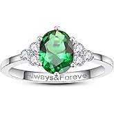 BONLAVIEGEM 1.5ct Oval-Cut Engagement Ring for Women Engraved Always & Forever Created Emerald/Sapphire/Amethyst/Cubic Zirconia Engagement Ring Promise Wedding Ring White Gold Plated Size 5-9