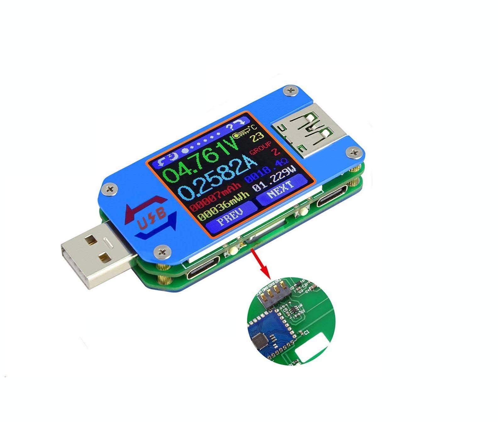 DollaTek UM25C USB Voltmeter, Bluetooth Type C USB Tester Meter USB Voltage Meter and Current Tester, 1.44inch 5A Color LCD Display Power Tester Multimeter, QC 2.0 3.0